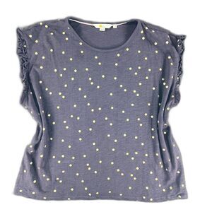 Boden US 14 Polka Dot Ruffle Sleeve Tee Blue Gold Spot Cotton Twee Mod Preppy